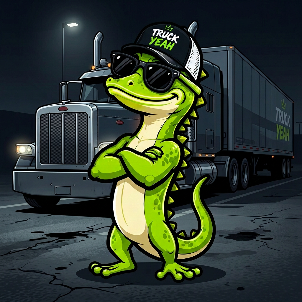 Truck Yeah alligator mascot standing beside a semi truck